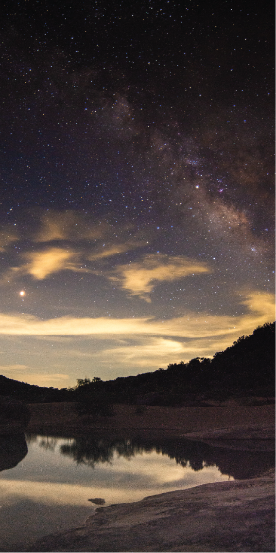Astrophotography at Pedernales State Park during the Perseid Meteor Shower. Captures the Milkyway, Mars and it's reflection in the water.